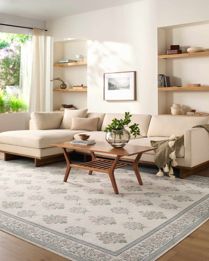 Aquene Modern Floral Design Ivory Washable Area Rug