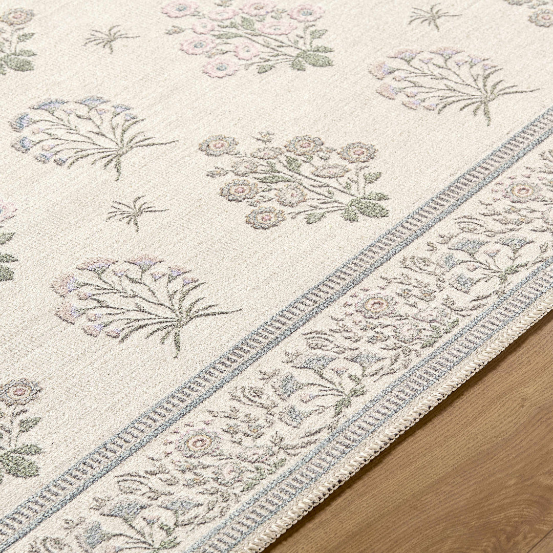 Aquene Modern Floral Design Ivory Washable Area Rug