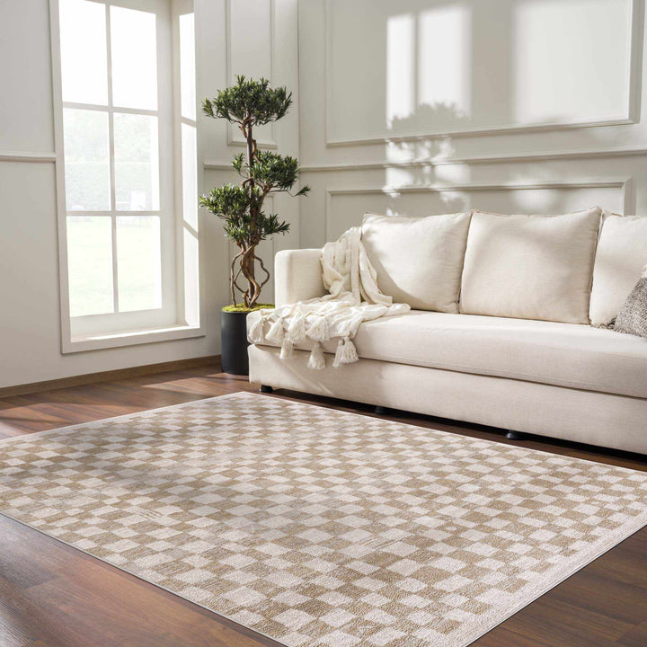Benjy Modern Checkered Pattern Cream & Gold Rug