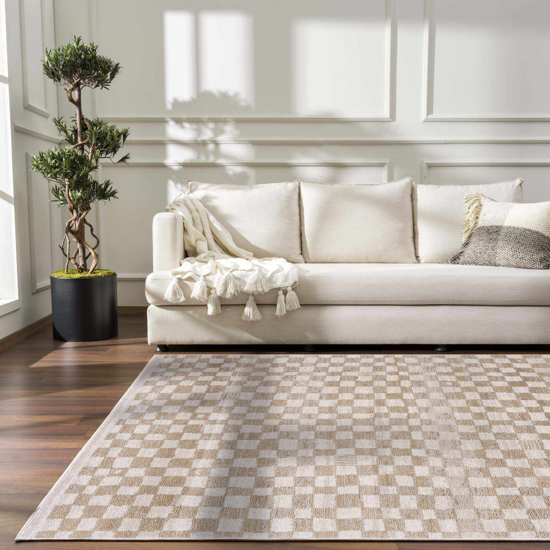 Benjy Modern Checkered Pattern Cream & Gold Rug