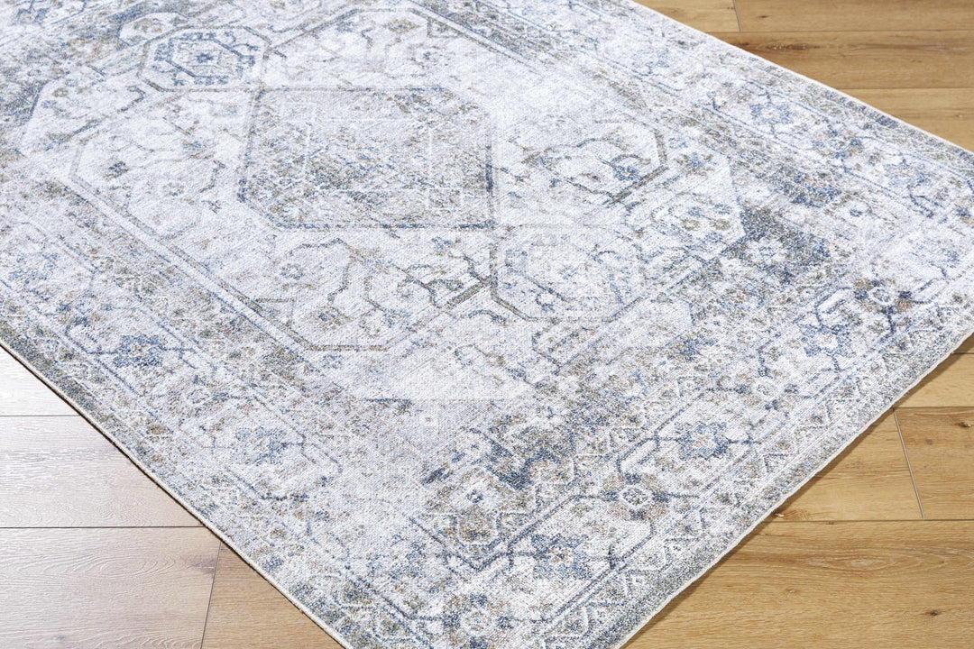 Annlea Traditional Style Blue And White Washable Area Rug