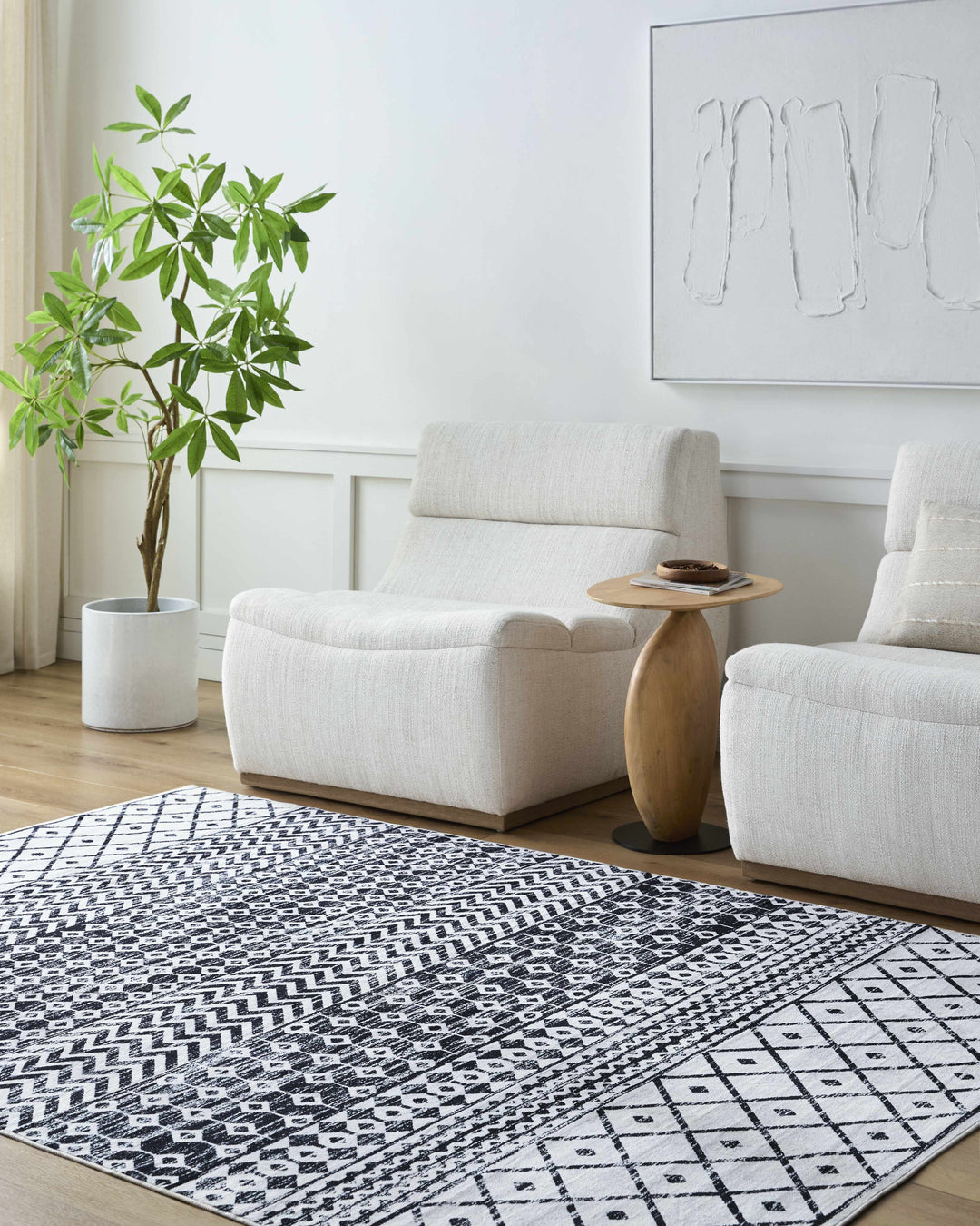 Royko Modern Geometrical Charcoal And Ivory Washable Area Rug
