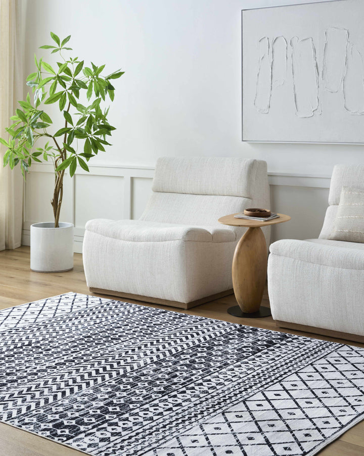 Royko Modern Geometrical Charcoal And Ivory Washable Area Rug