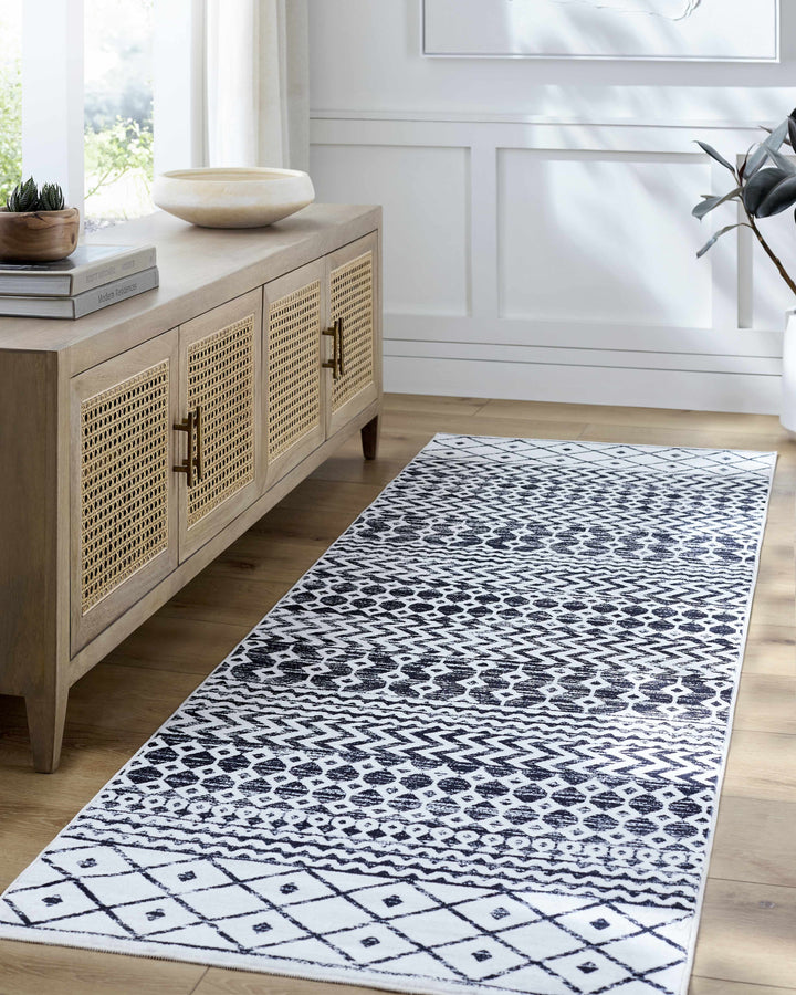 Royko Modern Geometrical Charcoal And Ivory Washable Area Rug