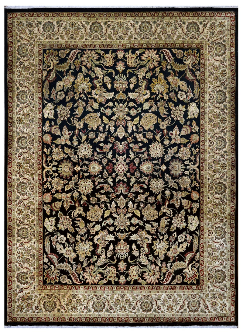 Antique Style Black, Ivory, olive and Maroon Hand Knotted Traditional 9x12 wool Area Rug