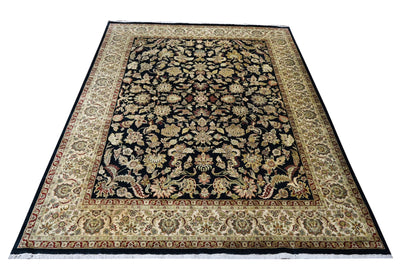 Antique Style Black, Ivory, olive and Maroon Hand Knotted Traditional 9x12 wool Area Rug