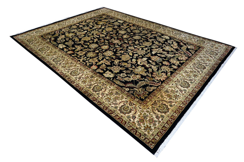 Antique Style Black, Ivory, olive and Maroon Hand Knotted Traditional 9x12 wool Area Rug