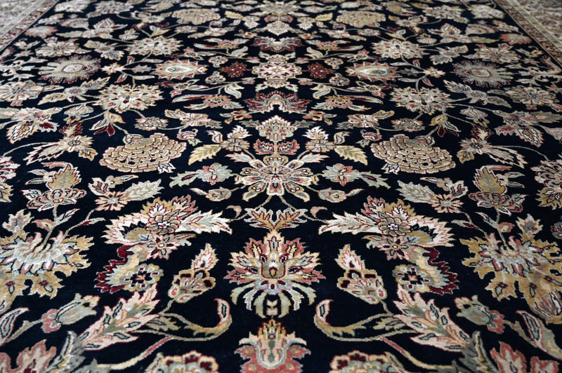 Antique Style Black, Ivory, olive and Maroon Hand Knotted Traditional 9x12 wool Area Rug