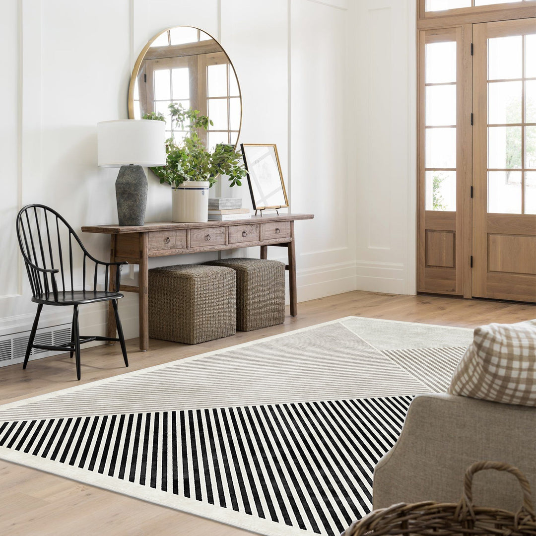 Black And White Modern Geometrical Machine Washable Cotton Area Rug