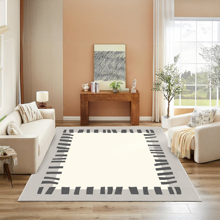 Modern Style Beige And Gray Machine Washable Cotton Area Rug