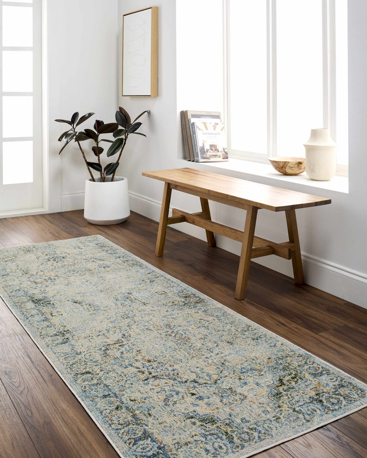 Aurum Traditional Style Beige And Blue Washable Area Rug