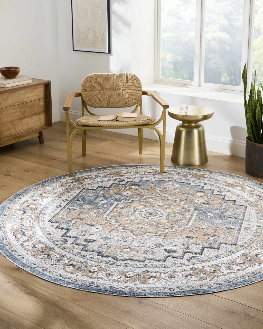 Nana Traditional Medallion Beige And Blue Washable Area Rug