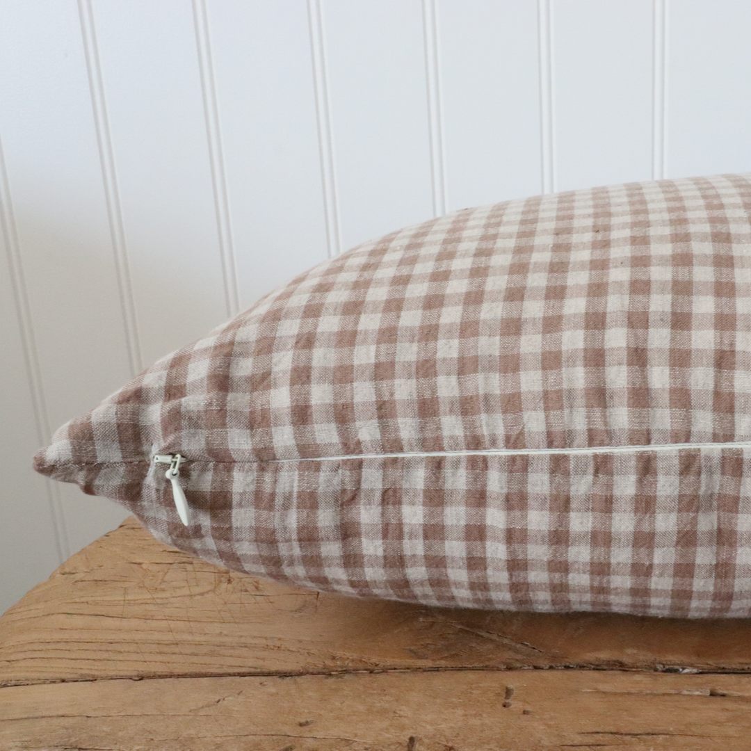 Tan & Cream Gingham Linen Pillow Cover