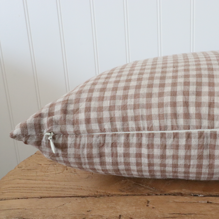 Tan & Cream Gingham Linen Pillow Cover