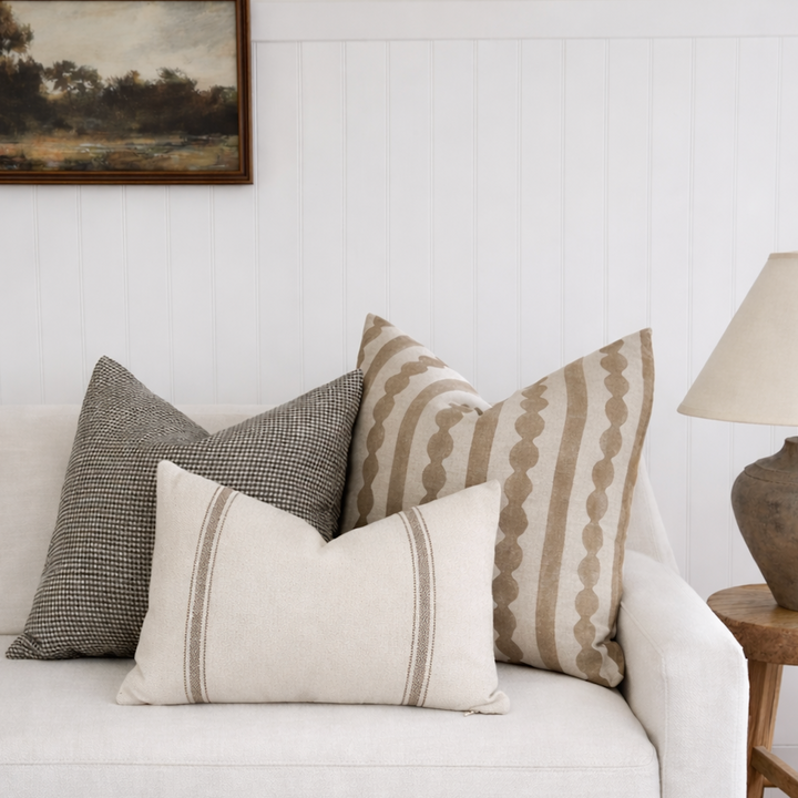 Griffin Hand-Block Tan Stripe Linen Pillow Cover