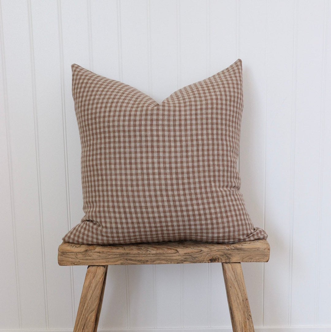 Tan & Cream Gingham Linen Pillow Cover