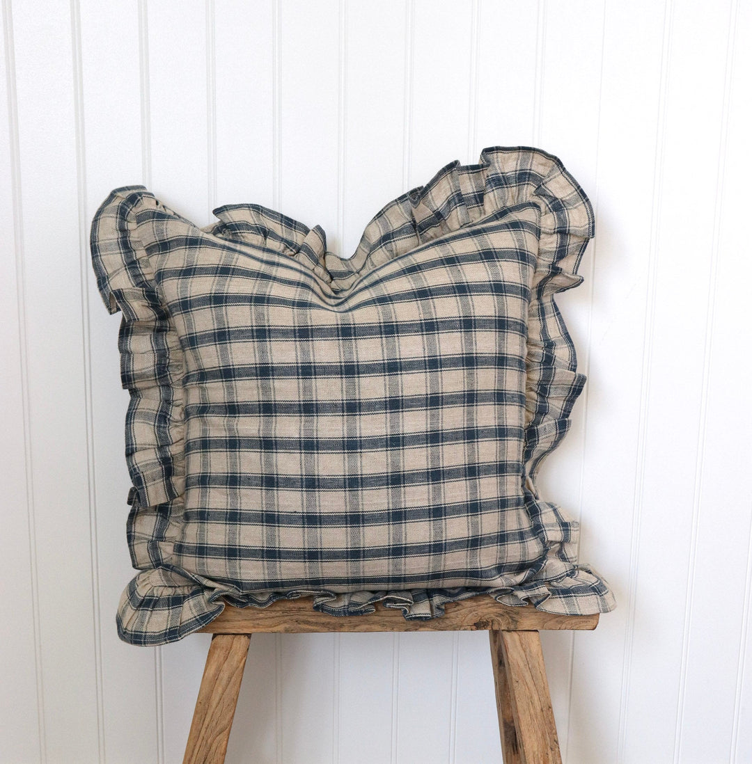Opal Blue Linen Plaid Ruffle Pillow Cover