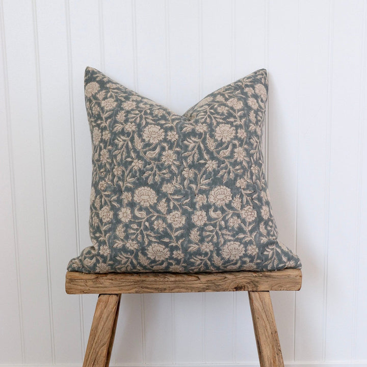 Mabel Hand-Block Floral Linen Pillow Cover