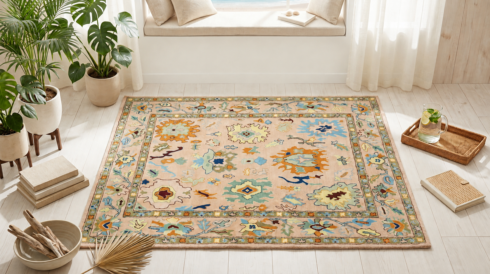 A rectangular area rug with an intricate traditional medallion pattern in beige, blue, orange, and green tones, styled on a light wood floor in a bright, modern room with plants, books, and a window seat.