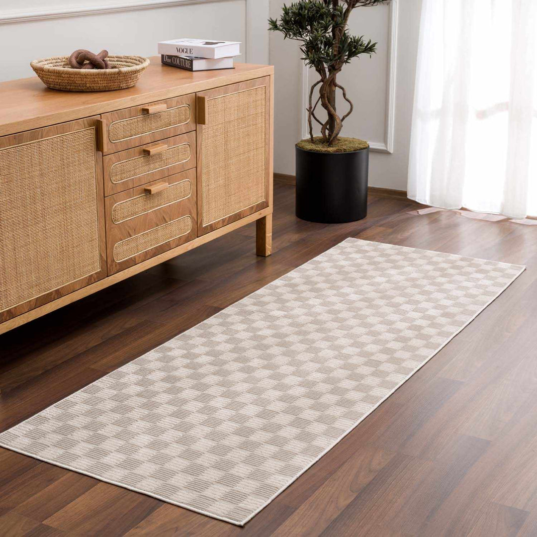 Truls 3D Modern Checkered Pattern Beige Washable Rug