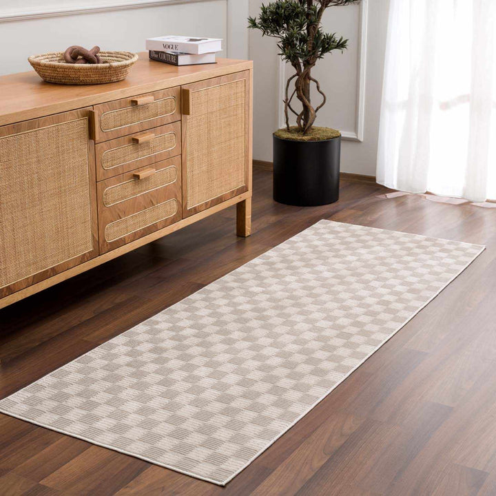 Truls 3D Modern Checkered Pattern Beige Washable Rug