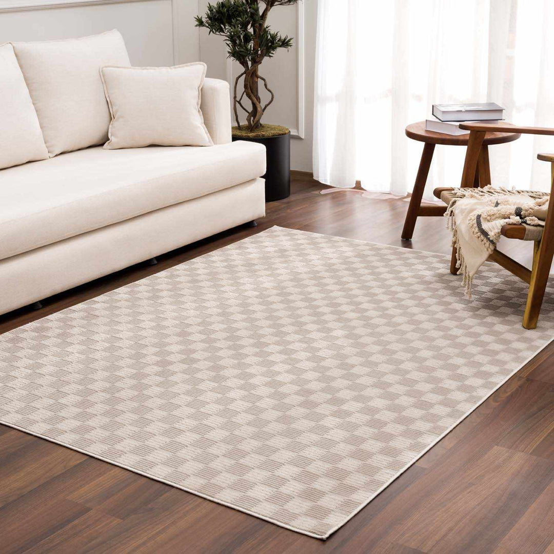 Truls 3D Modern Checkered Pattern Beige Washable Rug