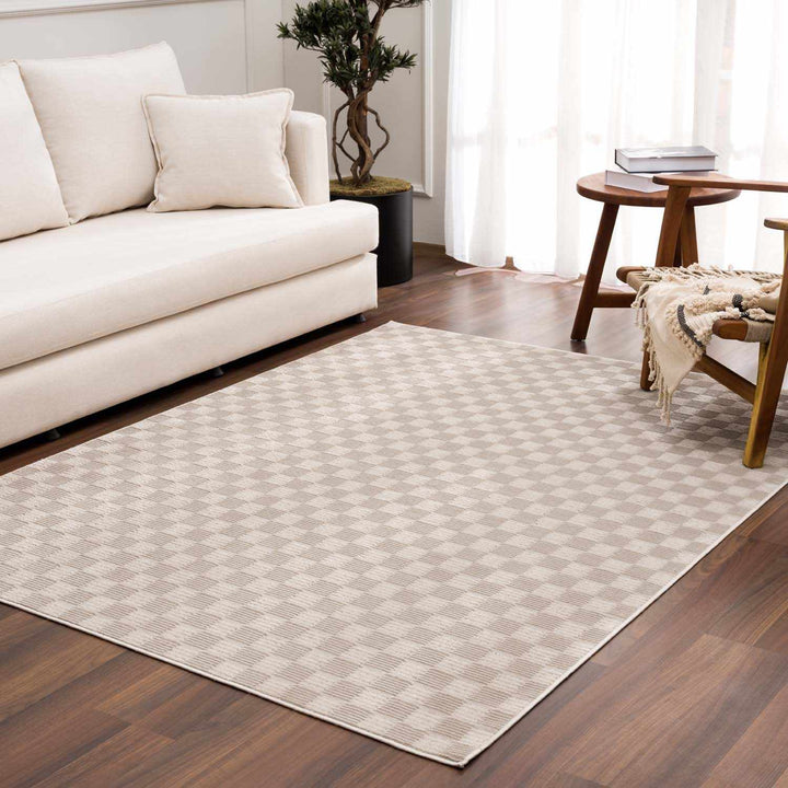 Truls 3D Modern Checkered Pattern Beige Washable Rug