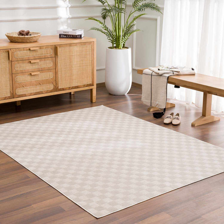 Truls 3D Modern Checkered Pattern Beige Washable Rug