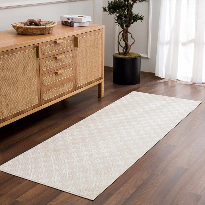 Truls 3D Modern Checkered Pattern Cream Washable Rug