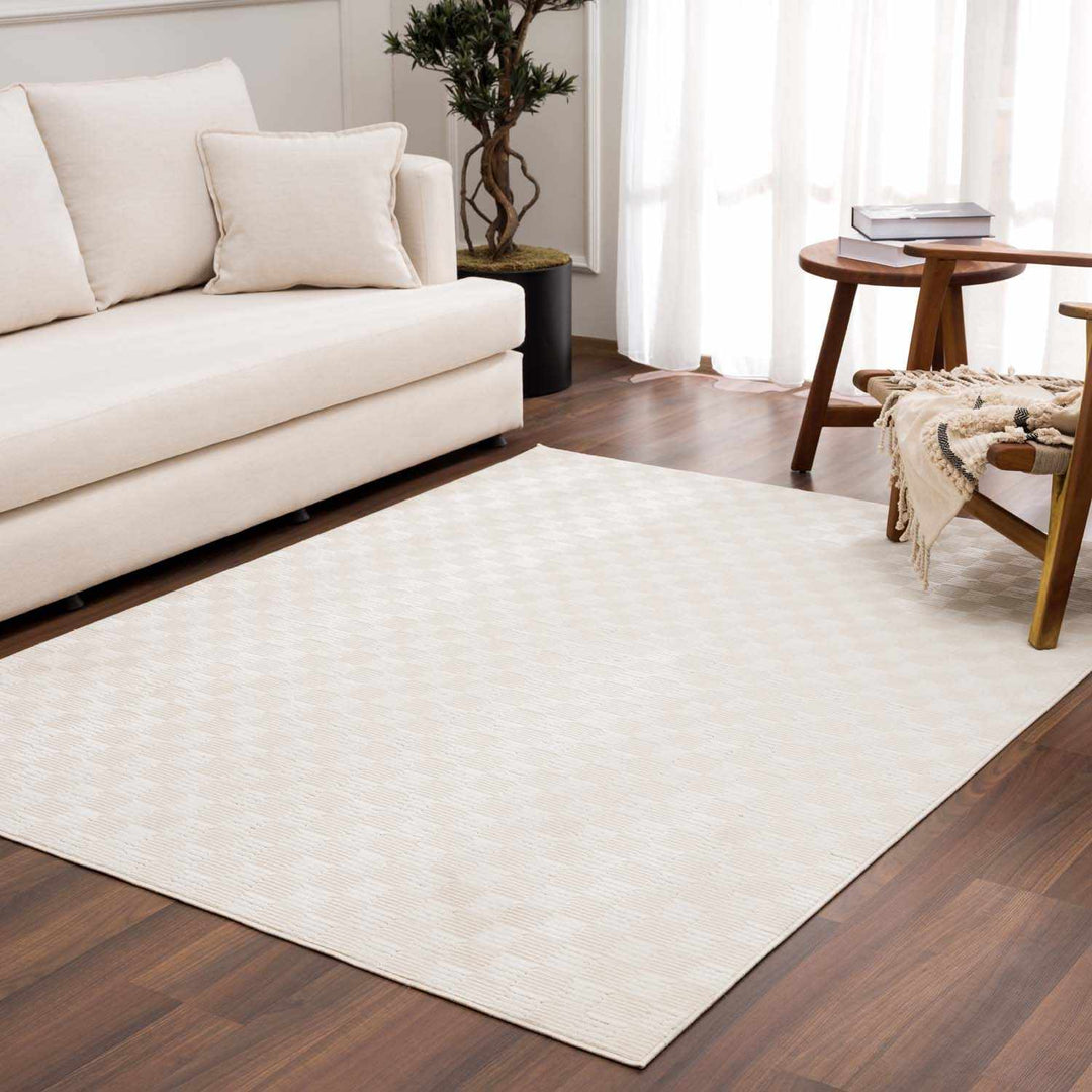 Truls 3D Modern Checkered Pattern Cream Washable Rug