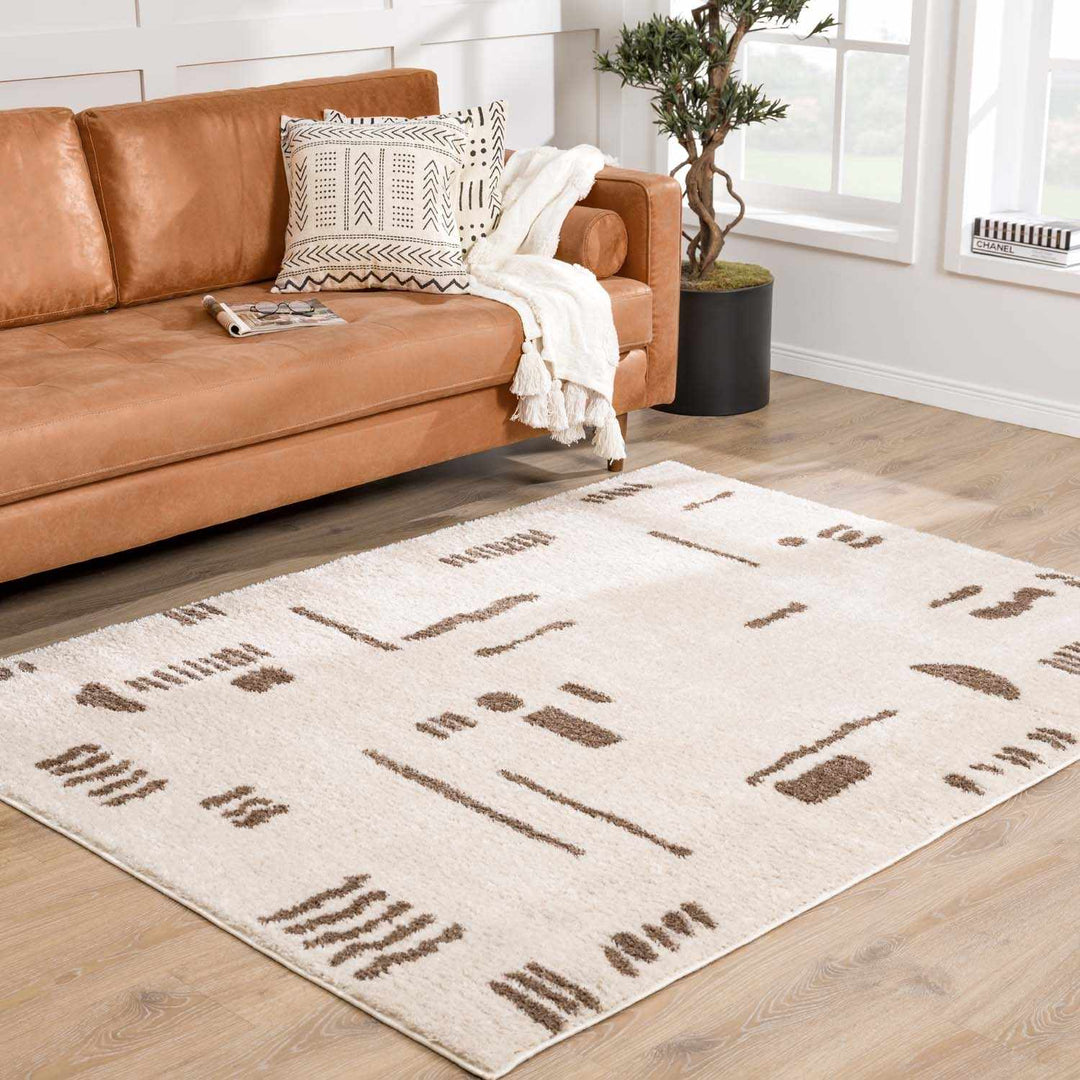 Azriel Contemporary Abstract Ivory And Brown Washable Area Rug