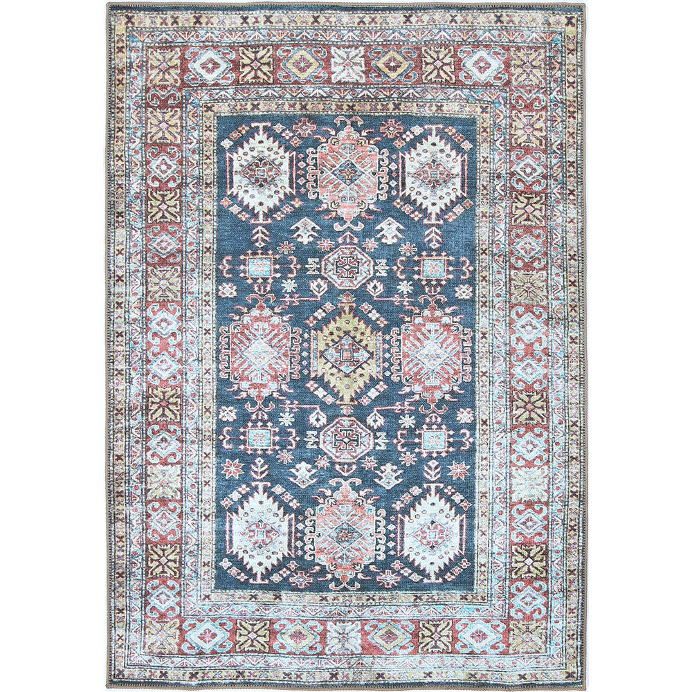 Traditional Machine Washable Blue And Rust Rug