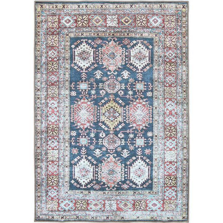 Traditional Machine Washable Blue And Rust Rug