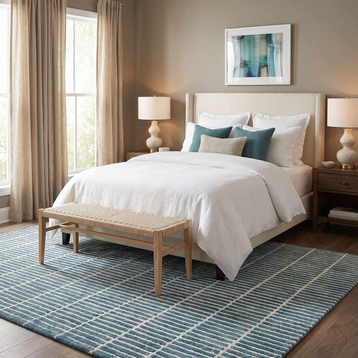 Finial Blue Modern Stripes Design Hand Tufted Wool Area Rug