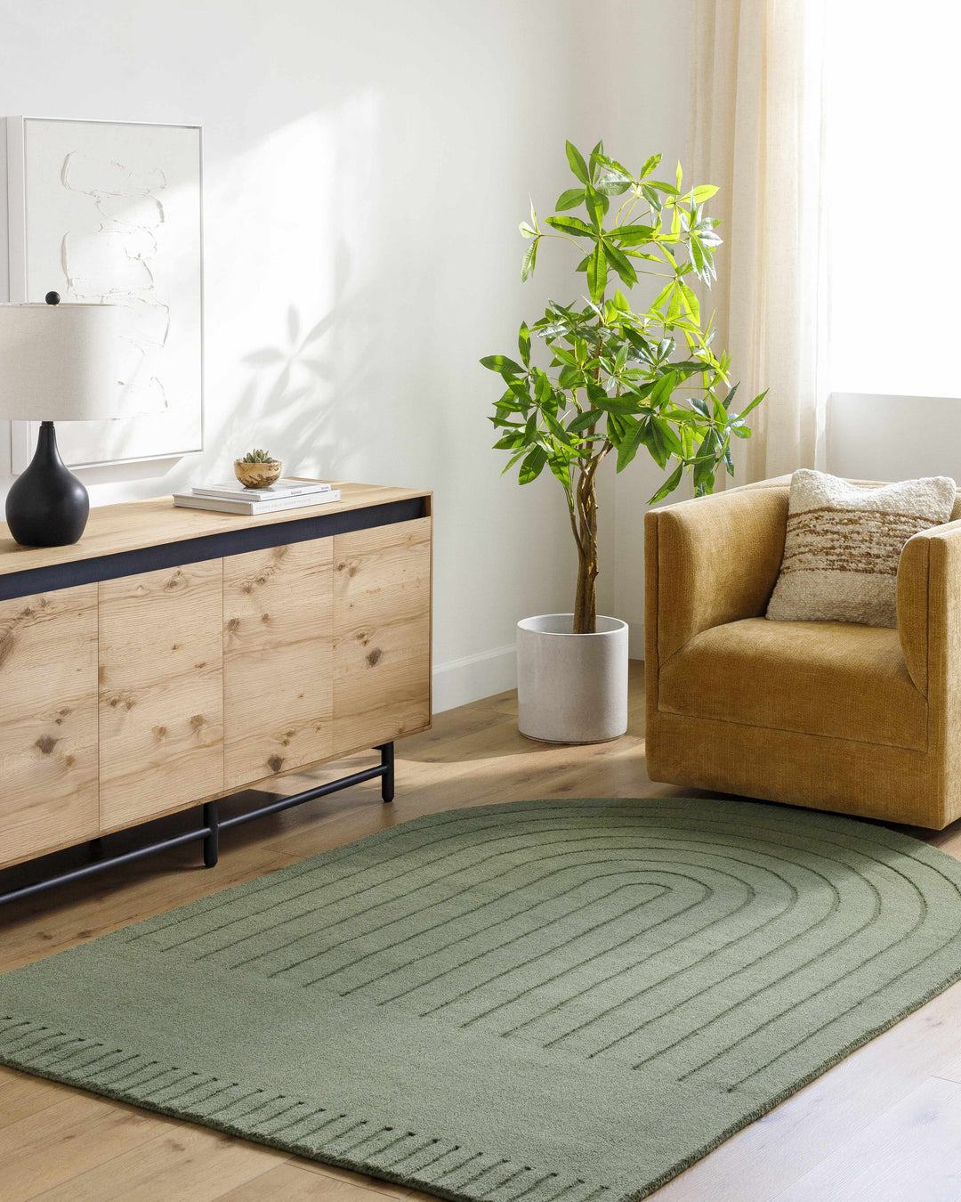 Arnona Modern Geometric Design Green Hand Loom Wool Area Rug