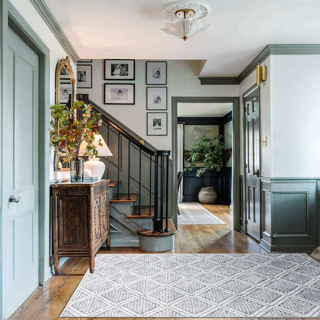 Modern Geometrical Silver Machine Washable Cotton Area Rug