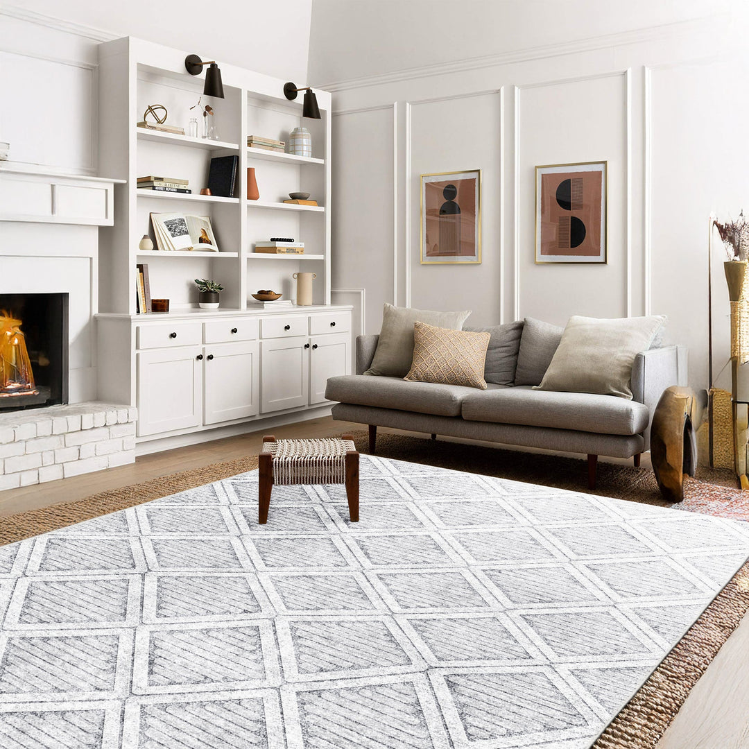 Modern Geometrical Silver Machine Washable Cotton Area Rug