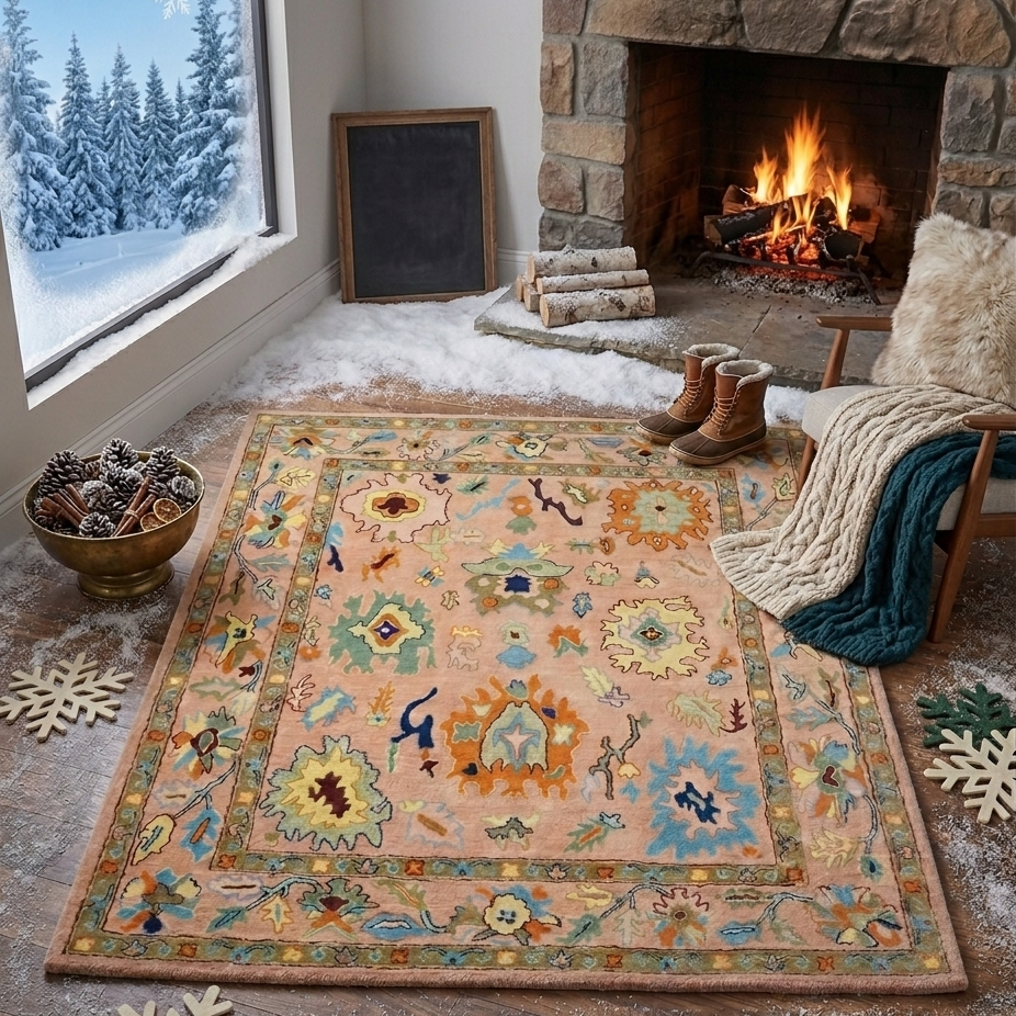 Cozy living room with a stone fireplace, patterned rug, and winter decor.