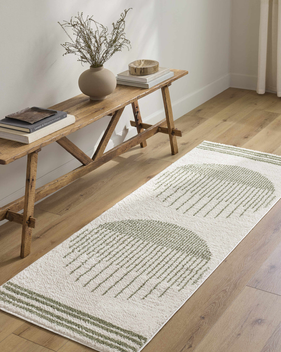 Apichu Contemporary Geometrical Beige And Green Washable Area Rug
