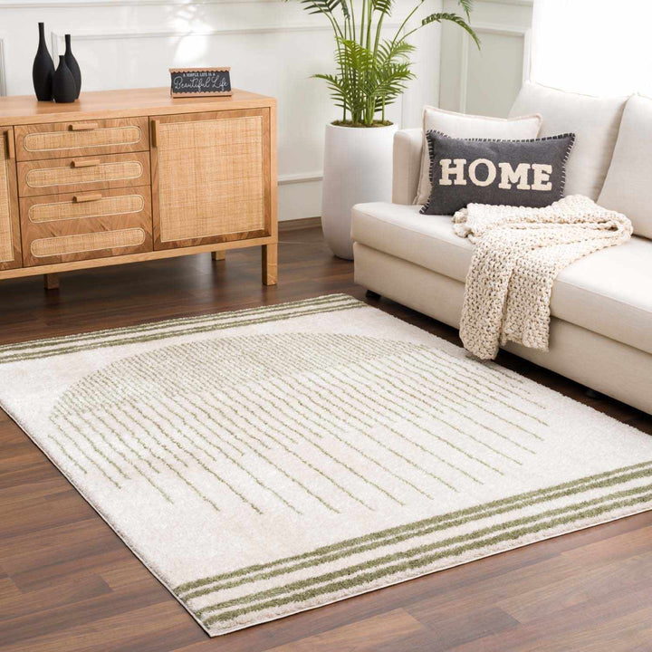 Apichu Contemporary Geometrical Beige And Green Washable Area Rug