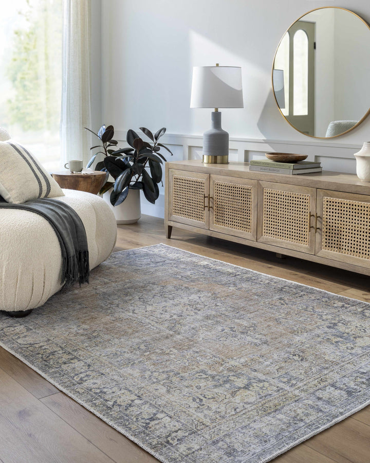 Yachi Traditional Blue And Brown Washable Area Rug