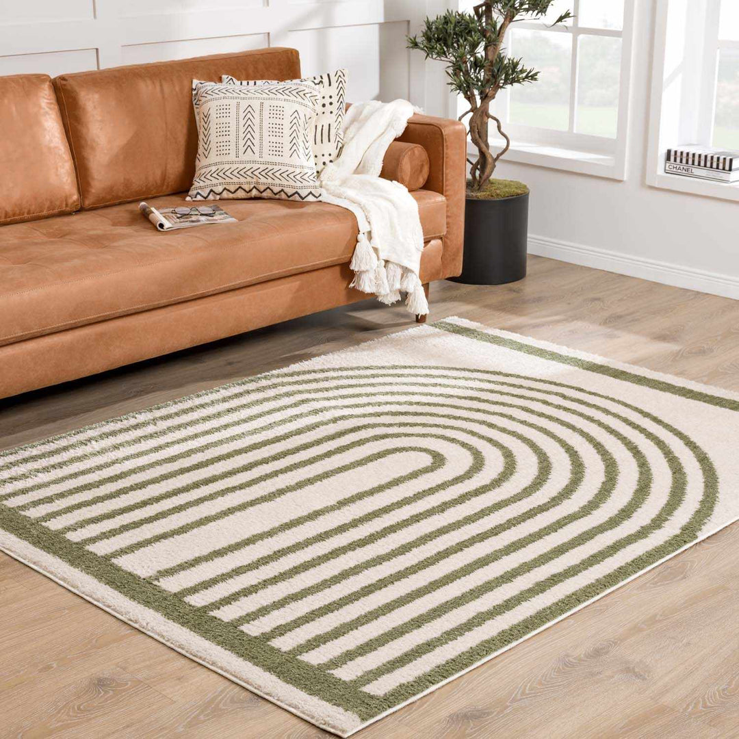 Yasuo Modern Geometrical Green And Beige Washable Area Rug
