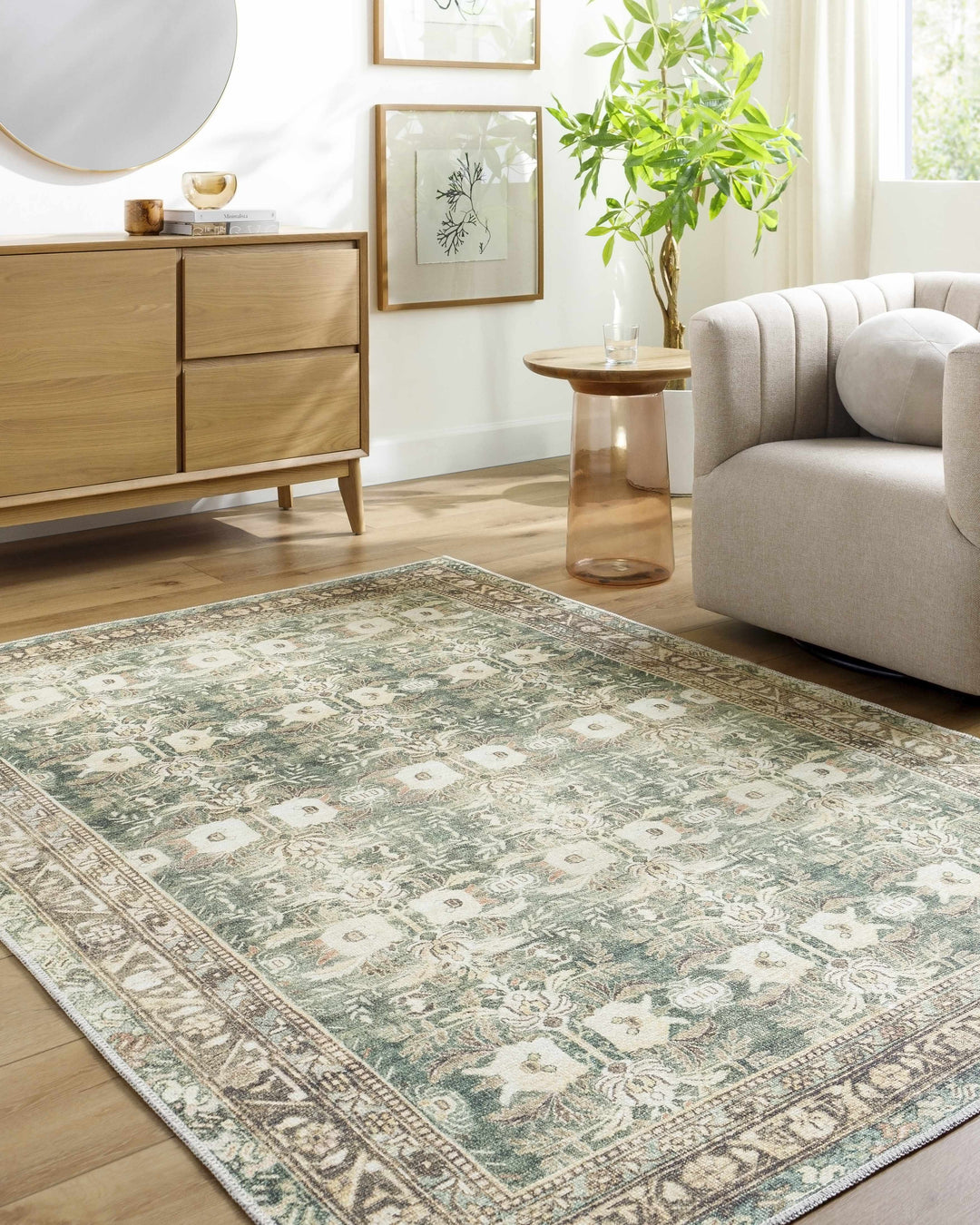 Acoose Traditional Green Vintage Washable Rug