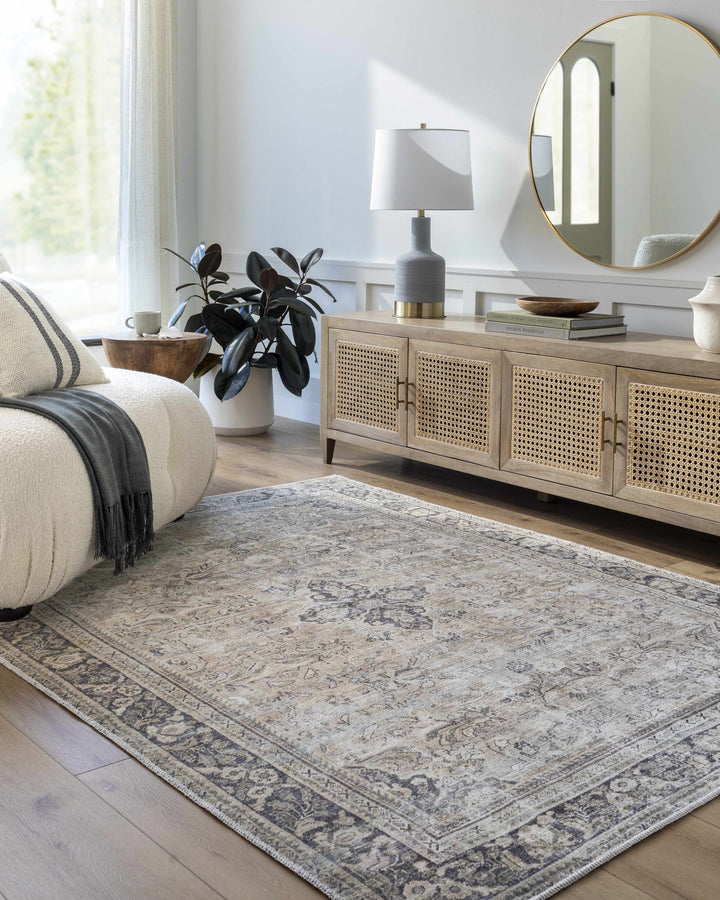 Zeger Traditional Charcoal And Beige Washable Area Rug