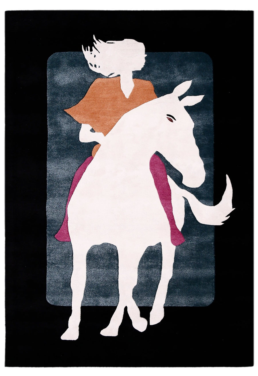 A Woman Riding Horse Ivory And Black Hand Tufted 5x8 Wool Area Rug - The Rug Decor