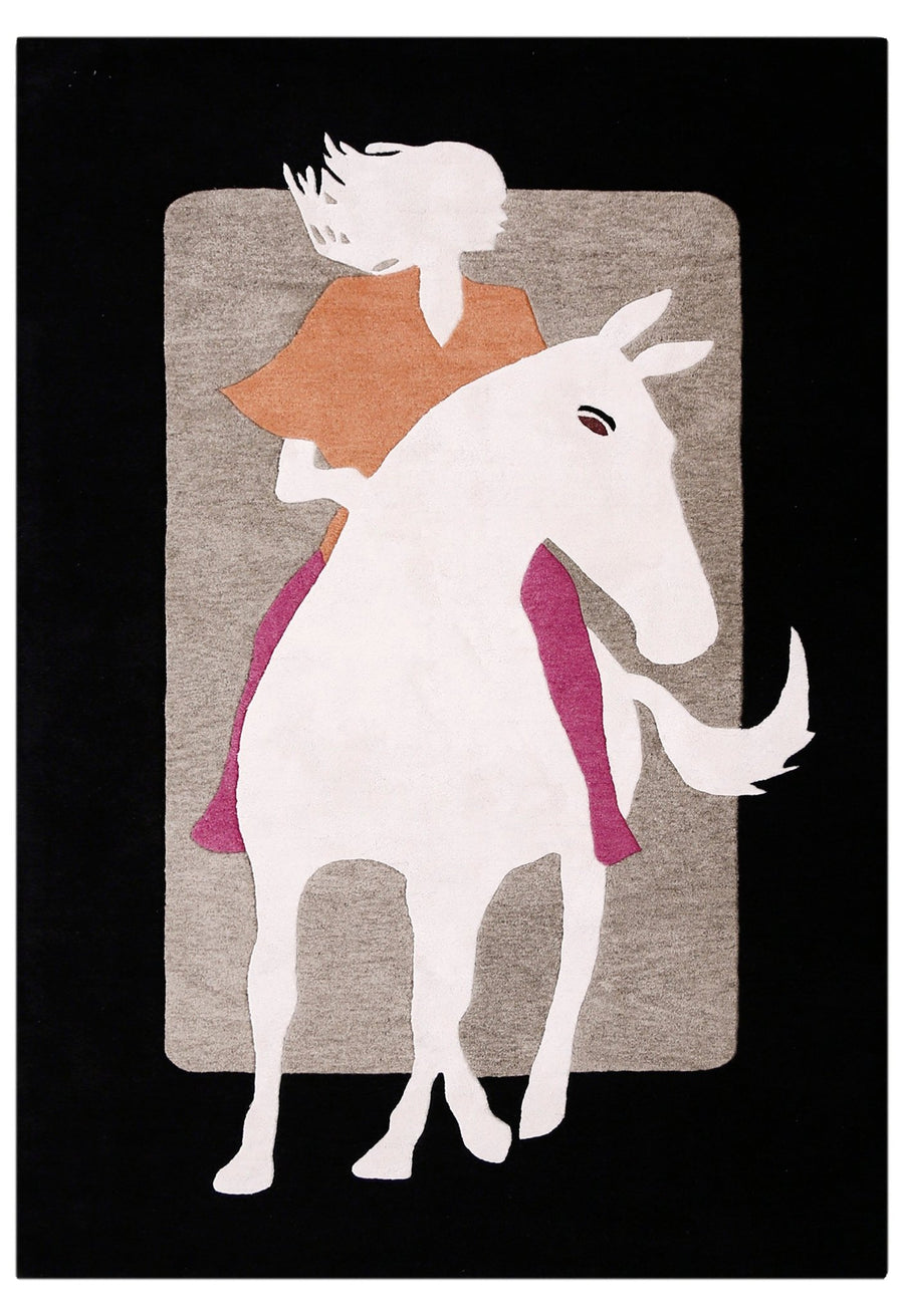 A Women Rider Horse Ivory And Black Hand Tufted 5x8 Wool Area Rug - The Rug Decor
