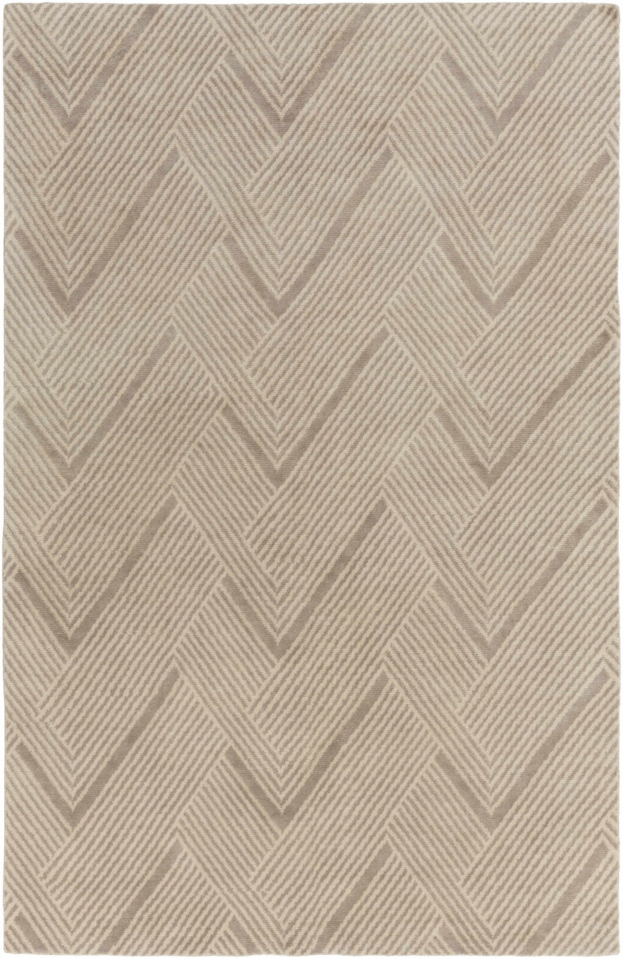 Beige area rug with contemporary geometric pattern and flat woven texture