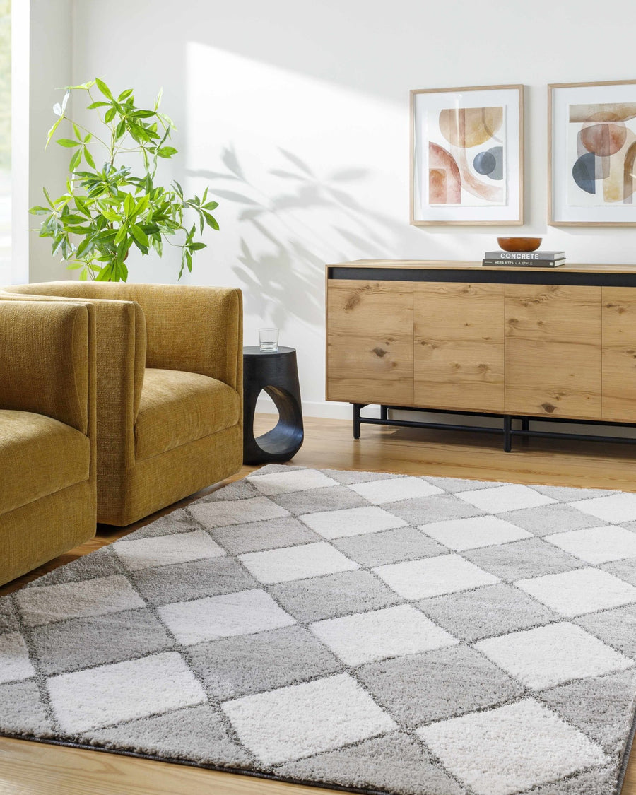 Aideen Geometical Design Ivory And Gray Shag Rug - The Rug Decor