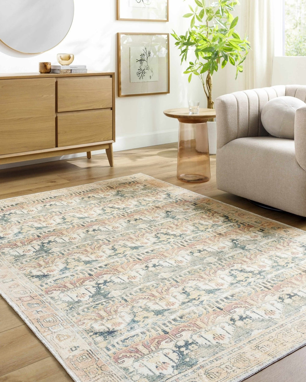 Akello Traditional Peach And Green Washable Area Rug - The Rug Decor