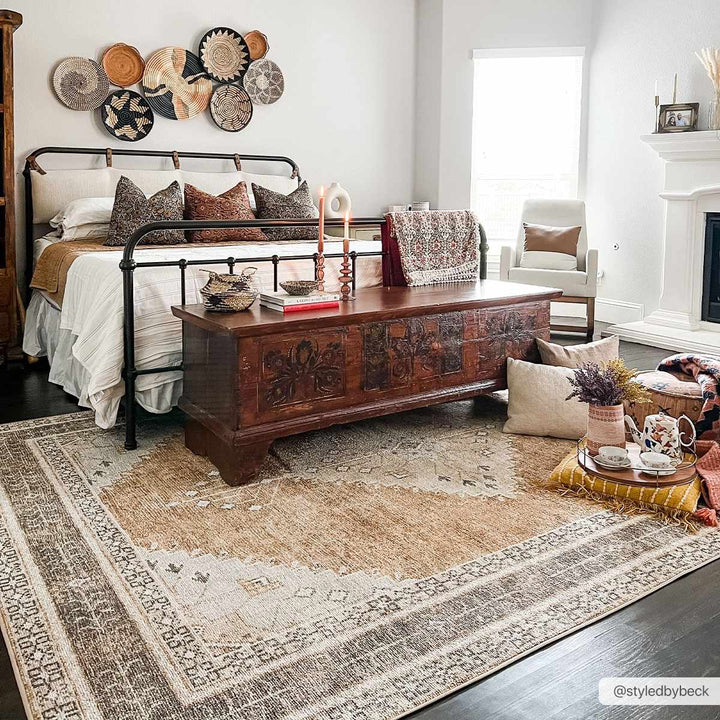 Albas Traditional Style Beige And Brown Washable Area Rug - The Rug Decor